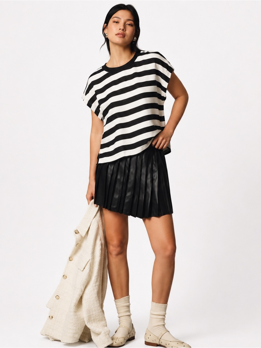 Anthropologie Maeve Batwing Button-Back Tee Black White Stripe Top NWT Small